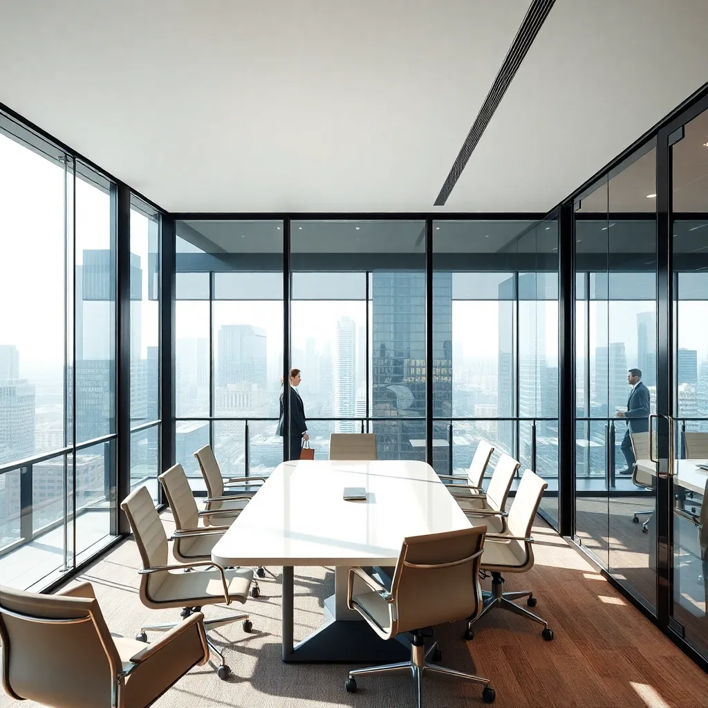 Modern corporate meeting room with glass walls and professional furniture